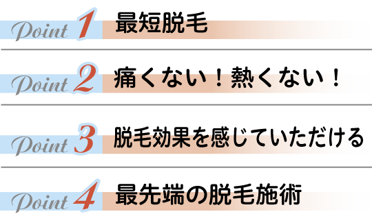point1 最短脱毛 point2 痛くない熱くない point3 脱毛効果を感じていただける point4 最先端の脱毛施術